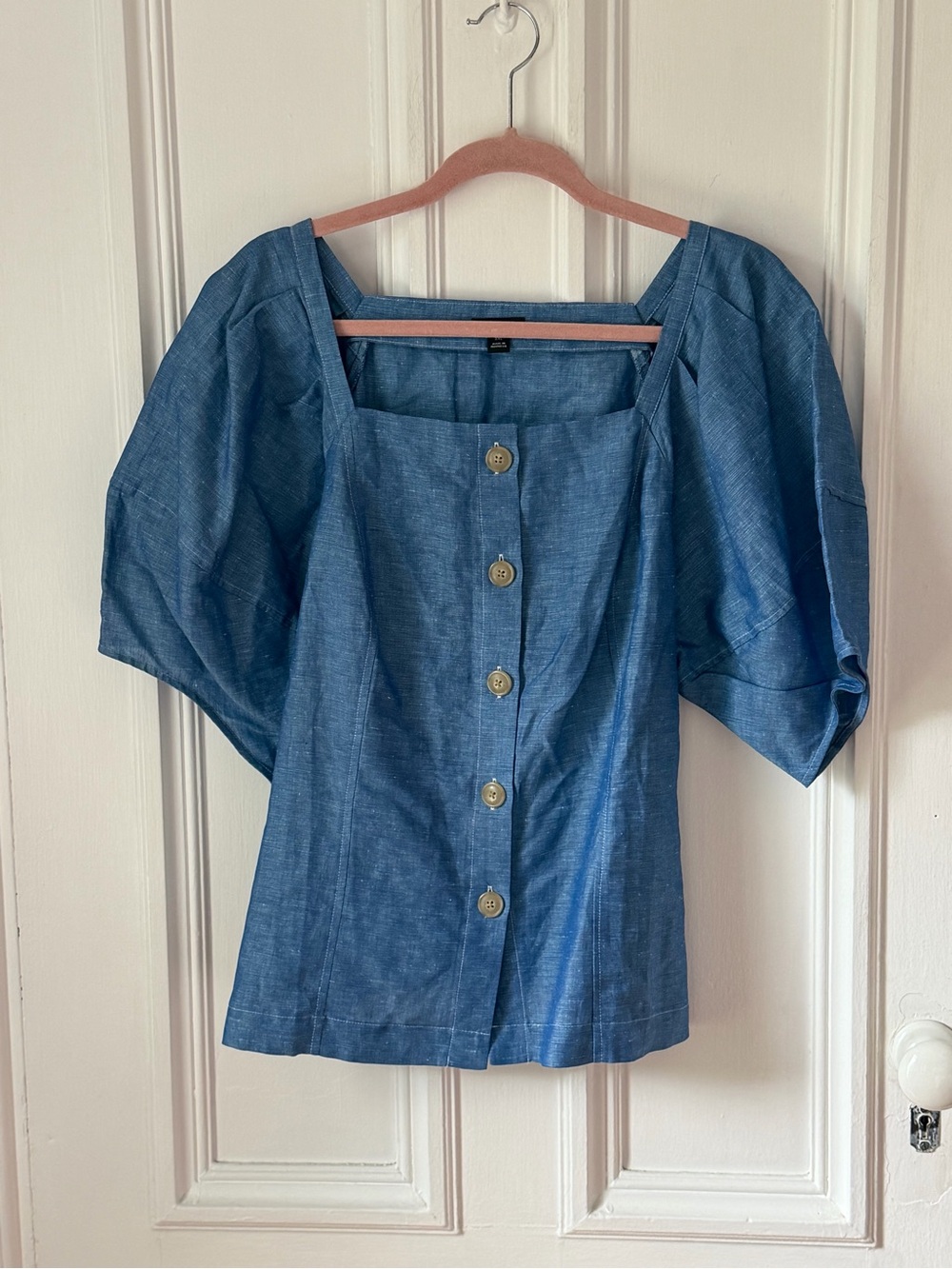 Women’s Anne Taylor Linen Blend Blue Chambray Puff Sleeve Top Size XXL